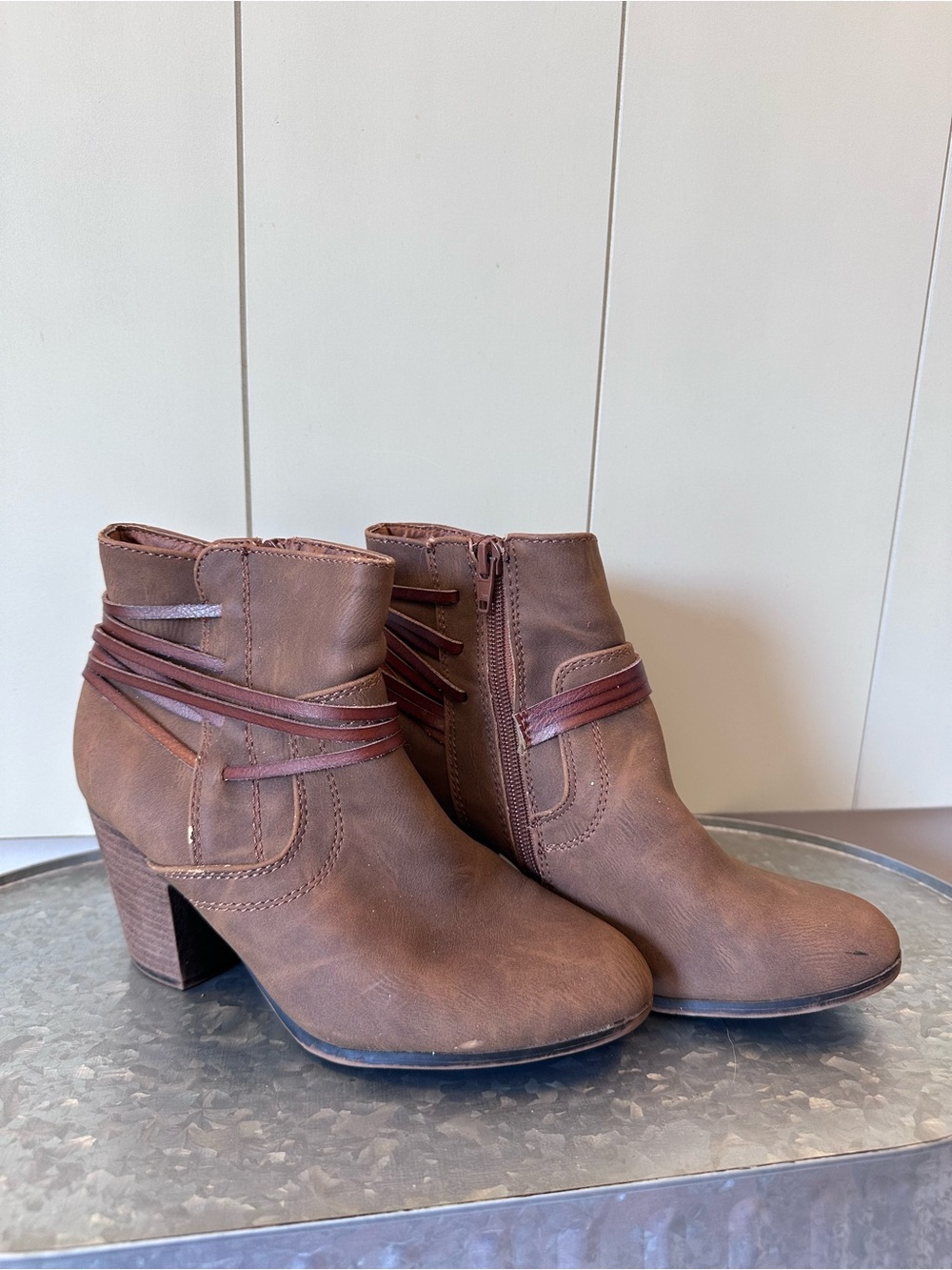 Time and Tru Brown Ankle Booties with Wrap Accent